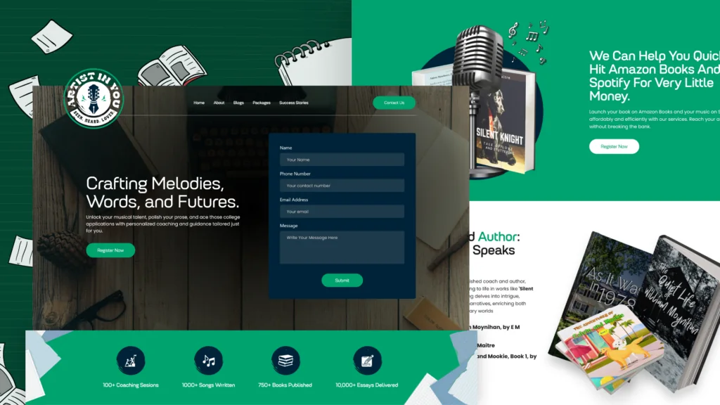 Artist In You website pages in green: Crafting Melodies, Words, and Futures, with books and a microphone