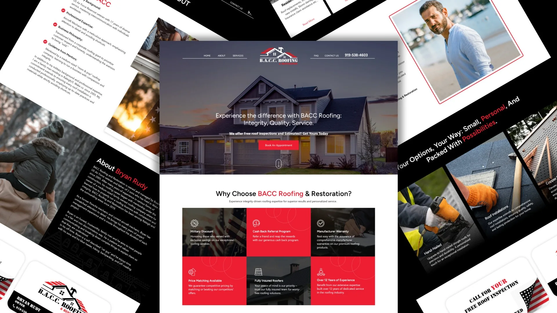 BACC Roofing website pages: Experience the difference with BACC Roofing: Integrity, Quality, Service