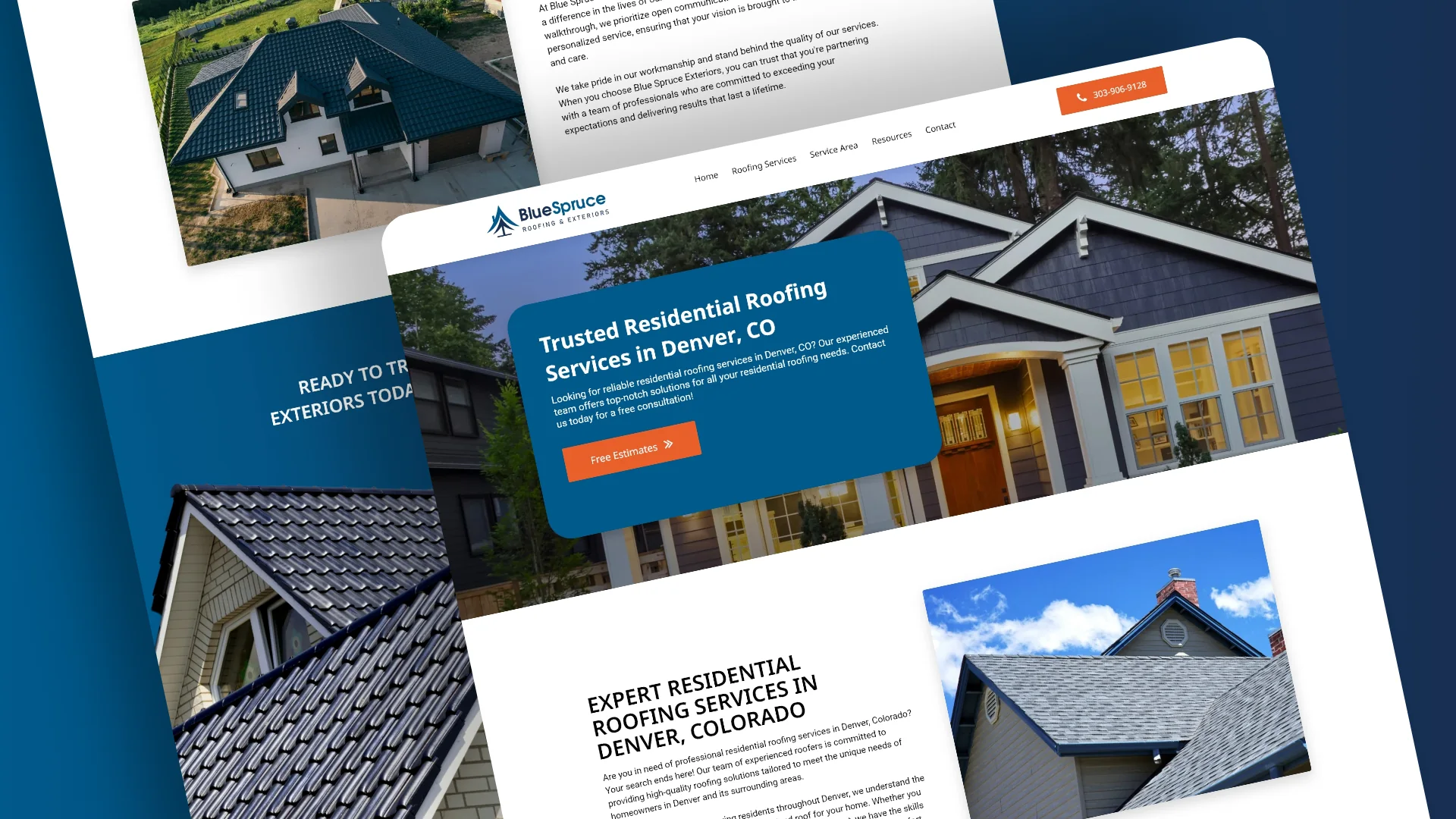 Blue Spruce roofing website pages: Trusted Residential Roofing Services in Denver, CO, with house and roof photos