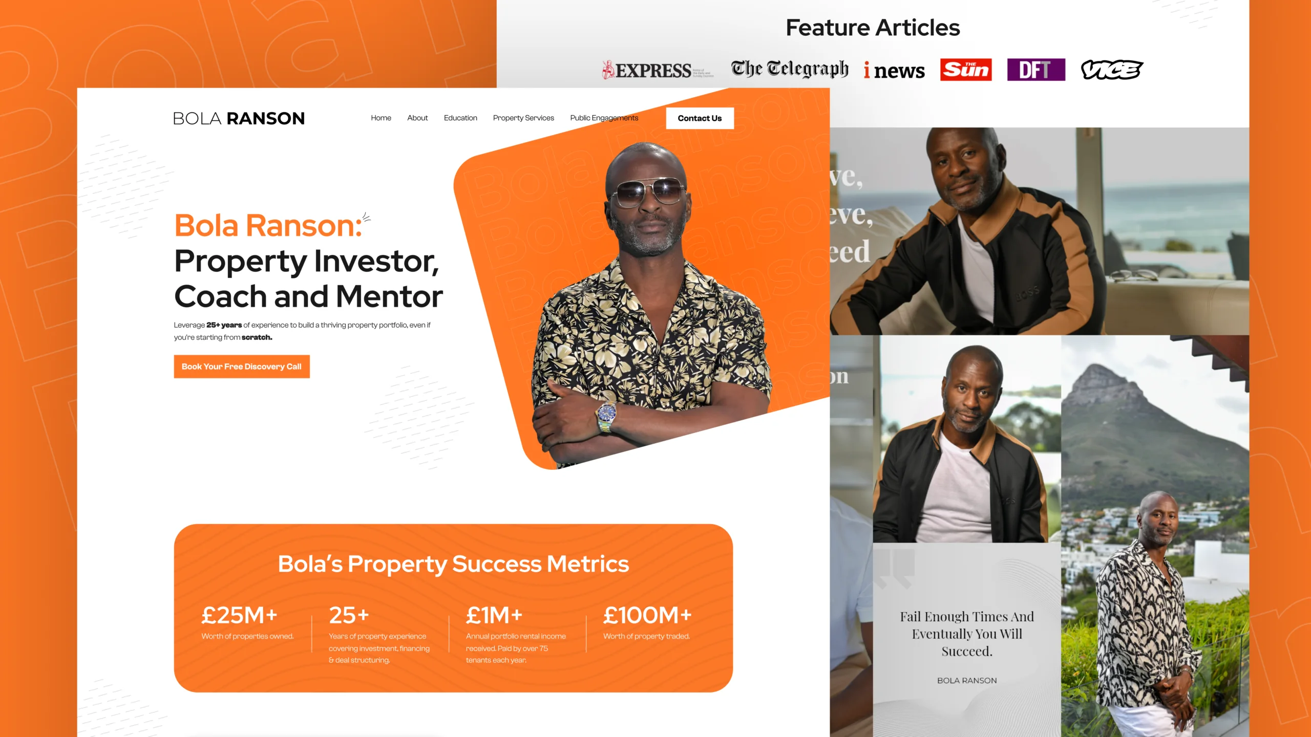 Bola Ranson website pages: Property Investor, Coach and Mentor, with portrait photos and success metrics