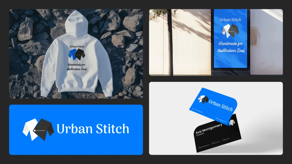 Urban Stitch brand board: logo on a white hoodie, Handmade for the Modern Soul, sign and business cards
