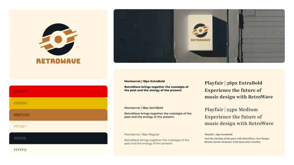RetroWave brand board: logo, colour palette, Montserrat and Playfair type samples and a wall sign