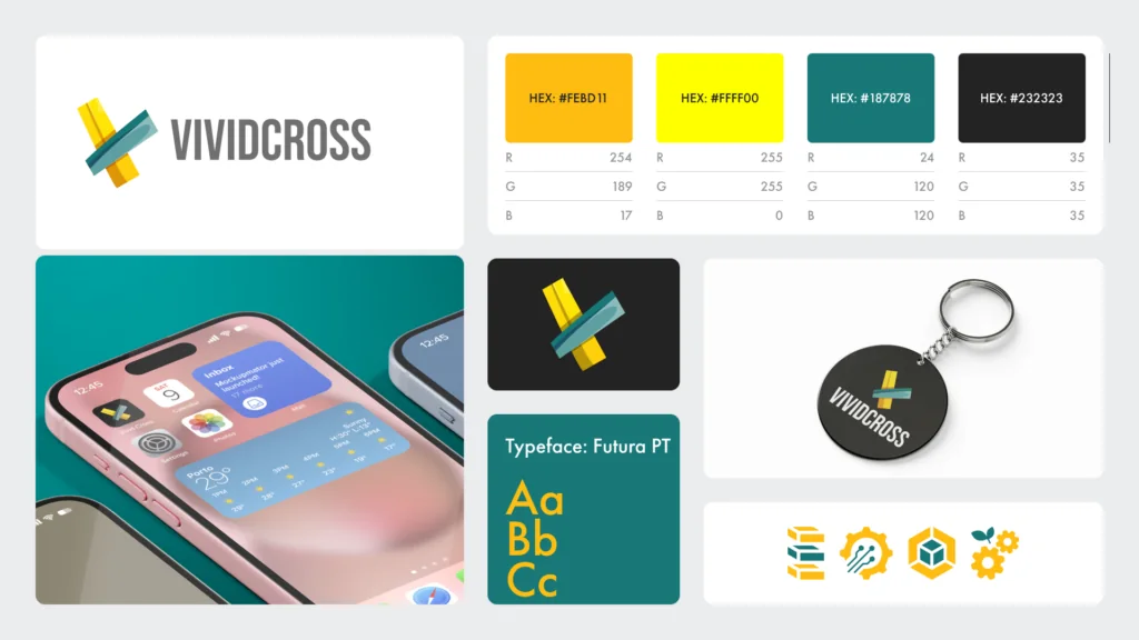 VividCross brand board: yellow and teal logo, colour hex codes, Futura PT typeface, phone screen and keyring