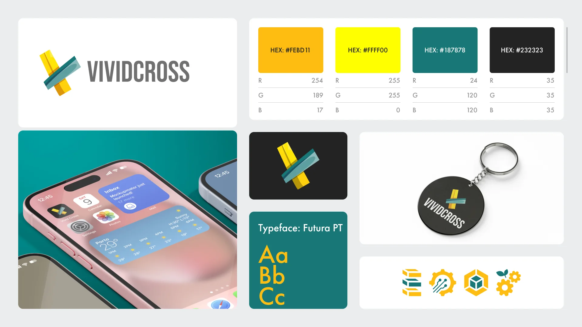 VividCross brand board: yellow and teal logo, colour hex codes, Futura PT typeface, phone screen and keyring