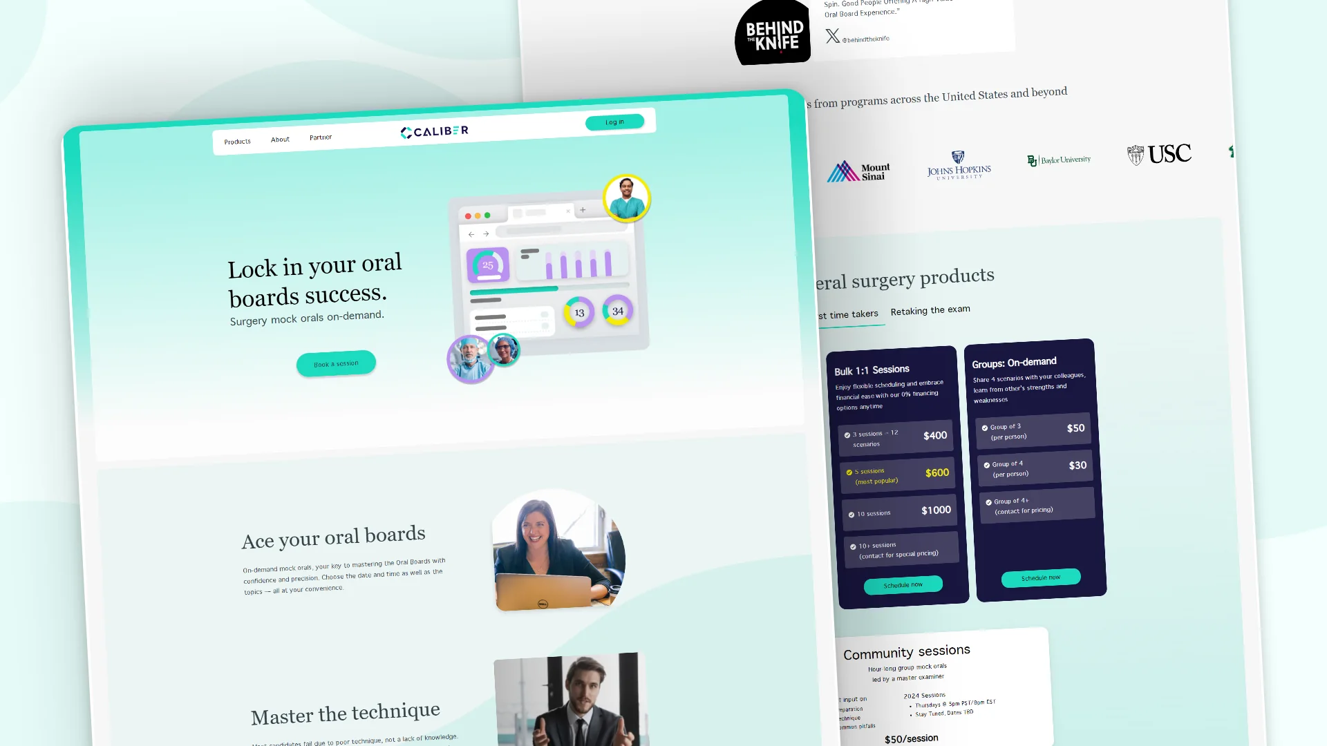 Caliber website pages: Lock in your oral boards success, with oral surgery exam prep sessions and pricing