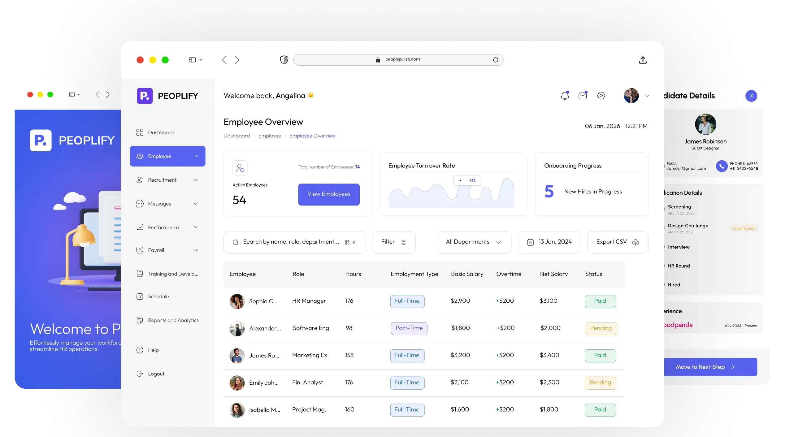 The Peoplify HR dashboard showing an employee overview table with roles, pay and status