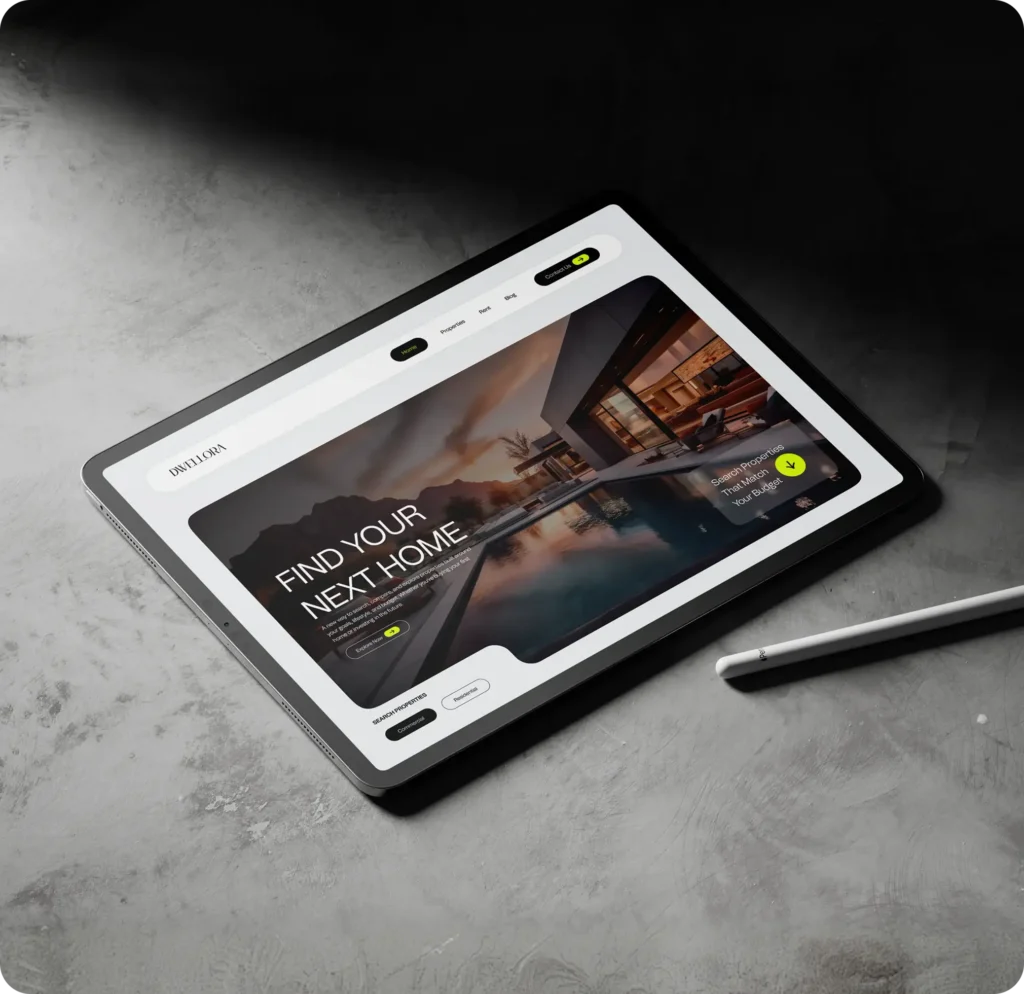 services A tablet displaying a website on a dark background