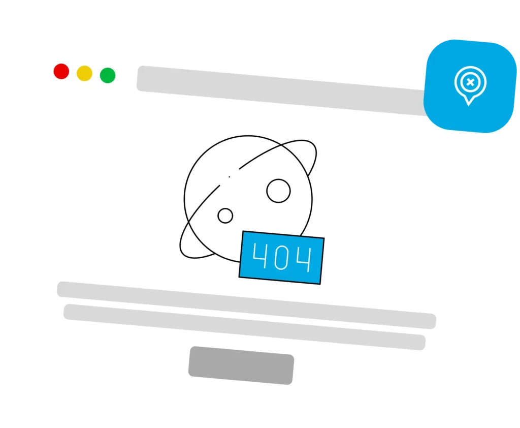 Browser illustration of a 404 page not found error with a planet drawing and a map pin icon