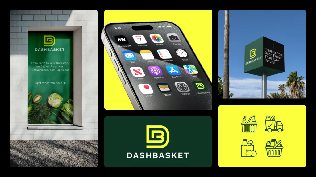 DashBasket brand board: green and yellow logo on a shop window, sign, phone app icon and grocery icons