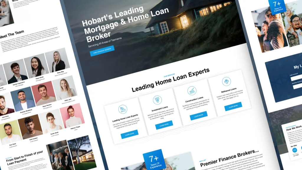 Derwent Finance website pages: Hobart's Leading Mortgage & Home Loan Broker, with team headshots