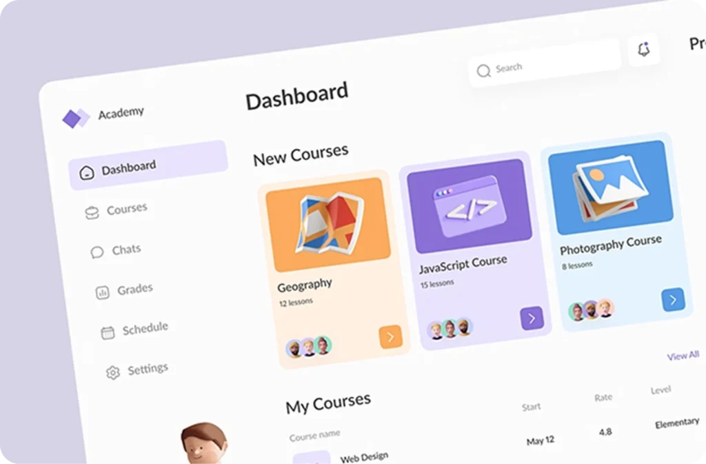 services A screen shot of a dashboard with new courses and courses