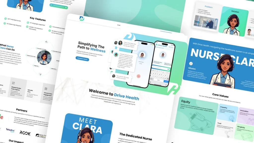 Drive Health website pages: Welcome to Drive Health, with an illustrated nurse named Clara and a phone chat screen