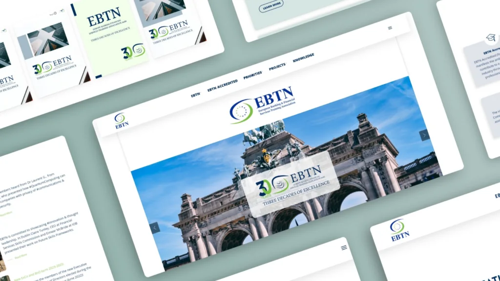 EBTN website pages with a 30 years badge, Three Decades of Excellence, over a photo of a stone arch building
