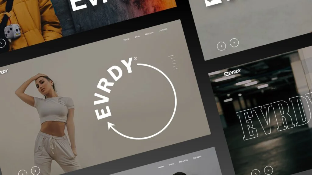 EVRDY website pages with a circular EVRDY logo and a woman in sportswear