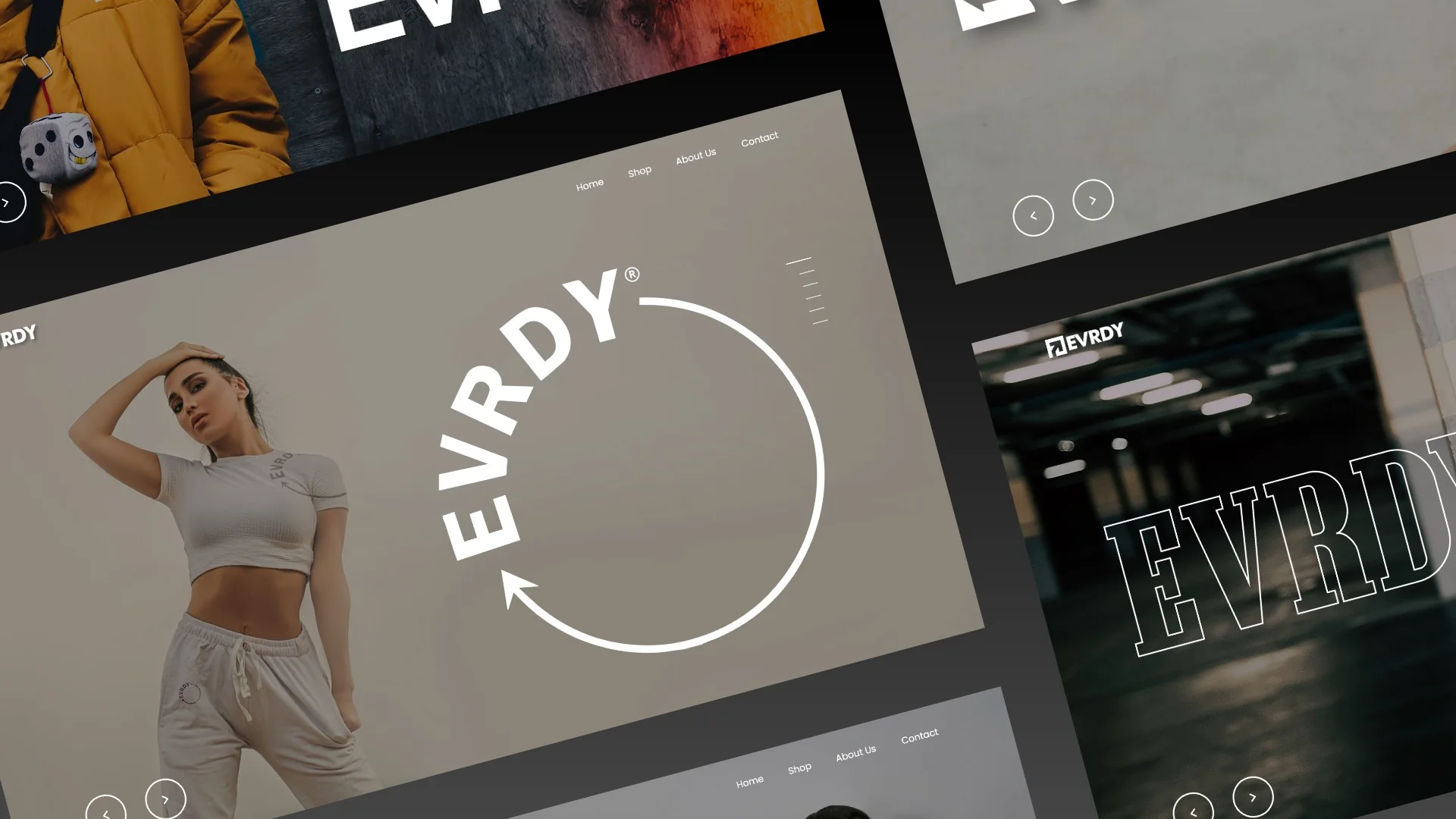 EVRDY website pages with a circular EVRDY logo and a woman in sportswear