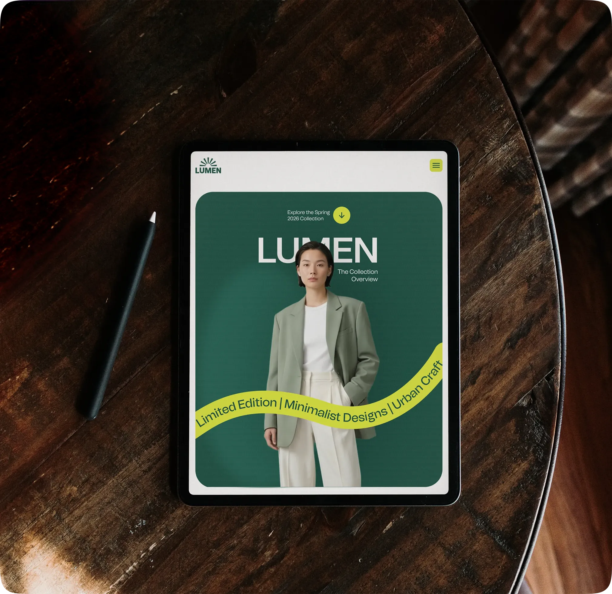 A fashion website on a tablet lying on a desk