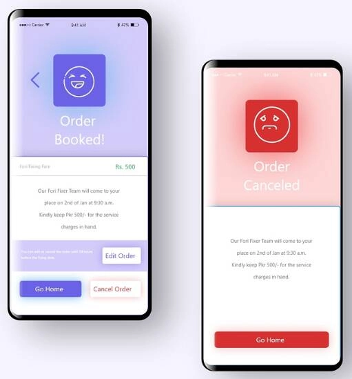 Two mobile screens showing a website design app with a 'Order Booked!' and 'Order Canceled!' interface, with a focus on
