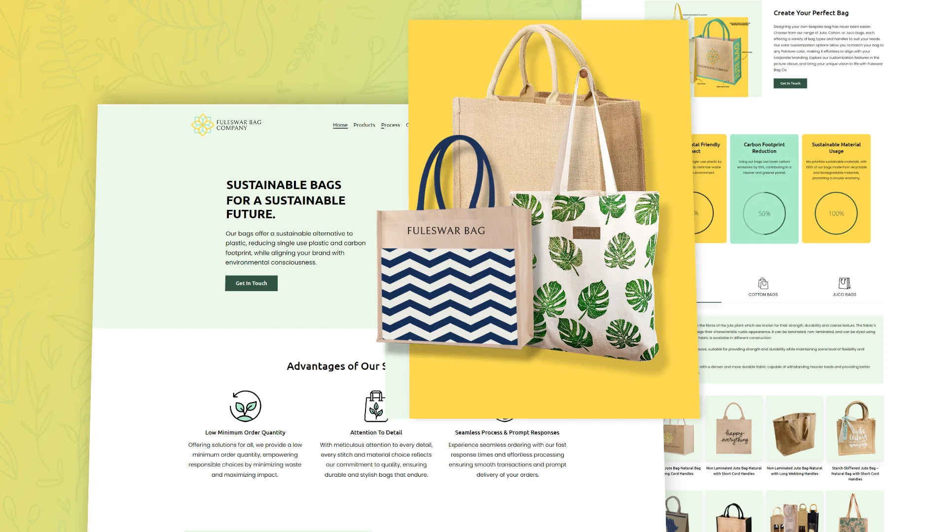 Fuleswar Bag Company website: Sustainable Bags For A Sustainable Future, with jute and printed tote bags