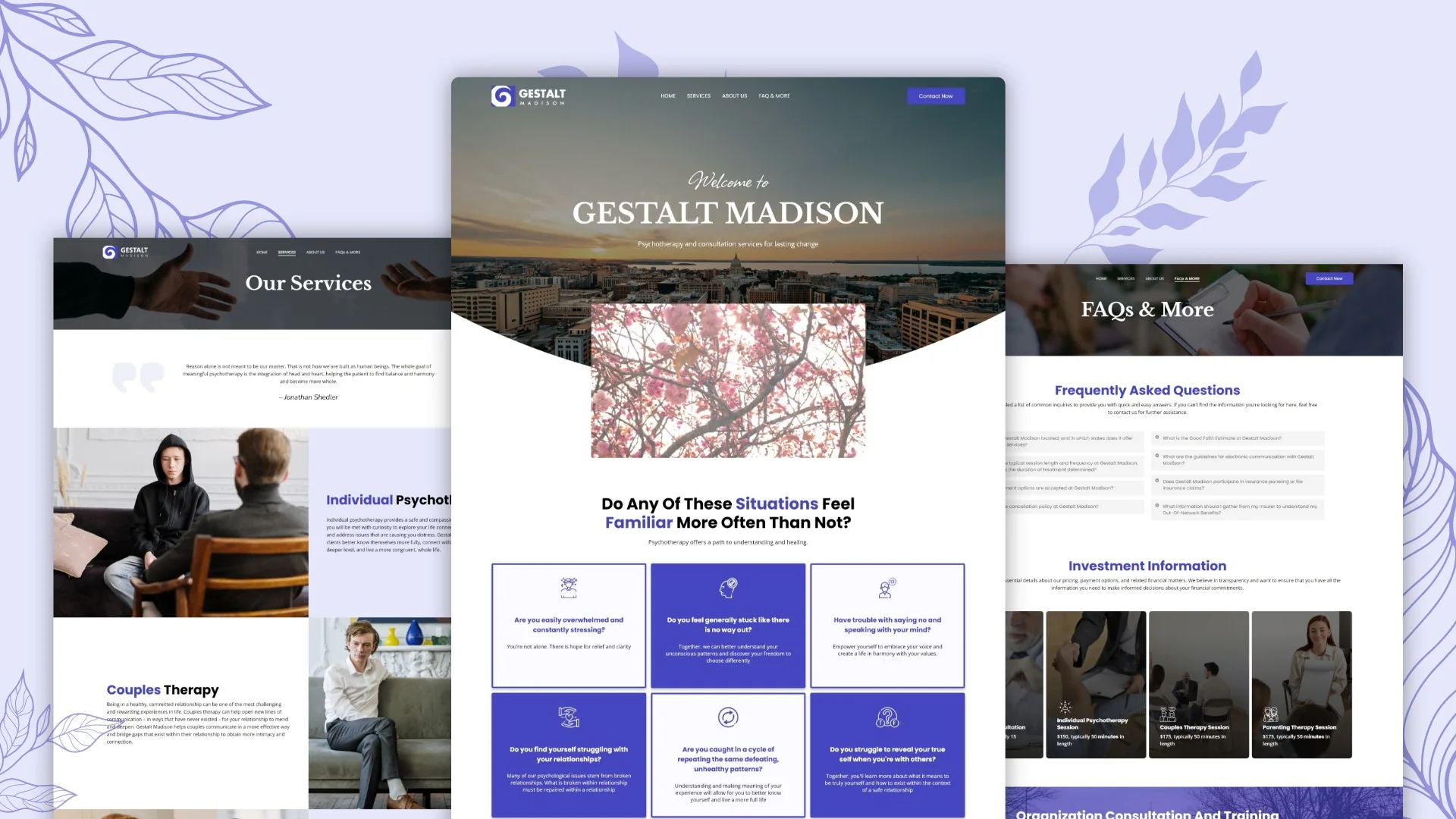 Gestalt Madison therapy website pages: Welcome to Gestalt Madison, services, couples therapy and FAQs