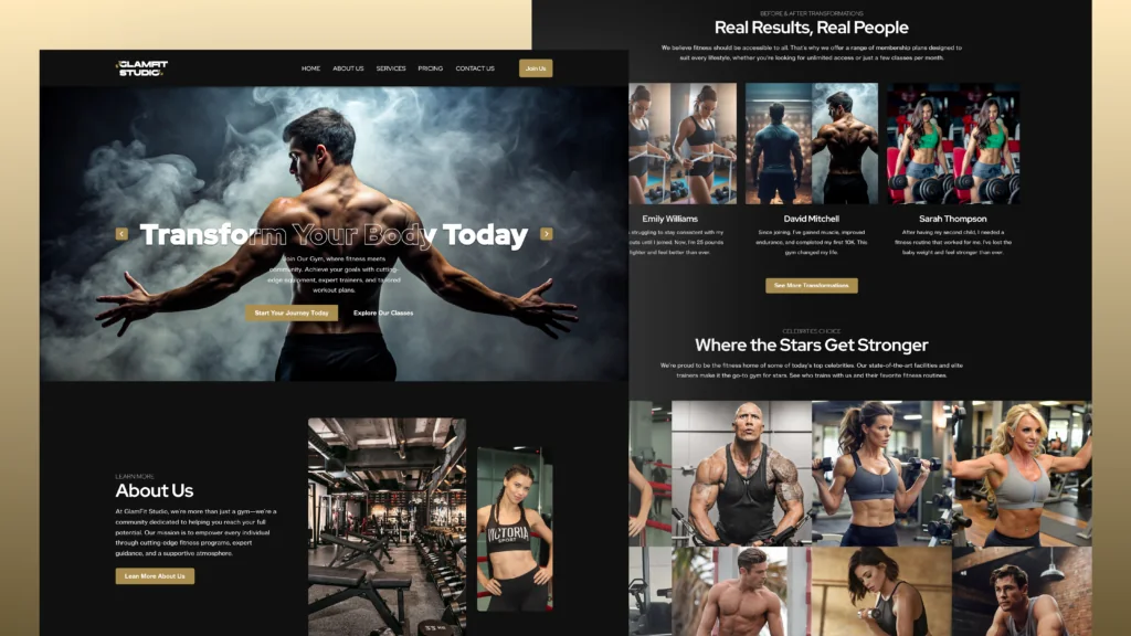 Glamfit Studio gym website pages: Transform Your Body Today, with workout and trainer photos