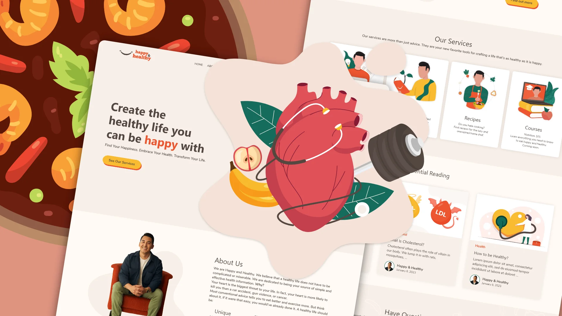 Happy & Healthy website pages: Create the healthy life you can be happy with, with an illustrated heart and services