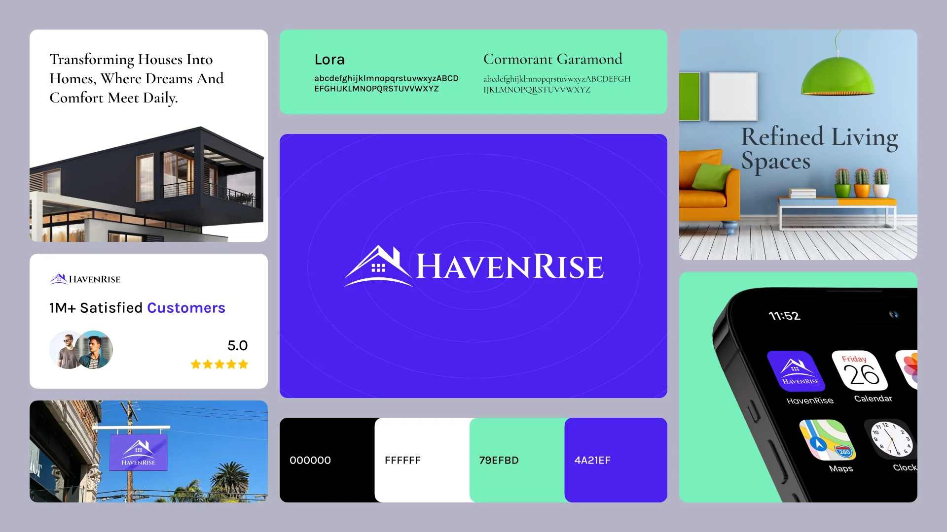HavenRise brand board: purple logo, Transforming Houses Into Homes, typefaces, colour palette and app icon