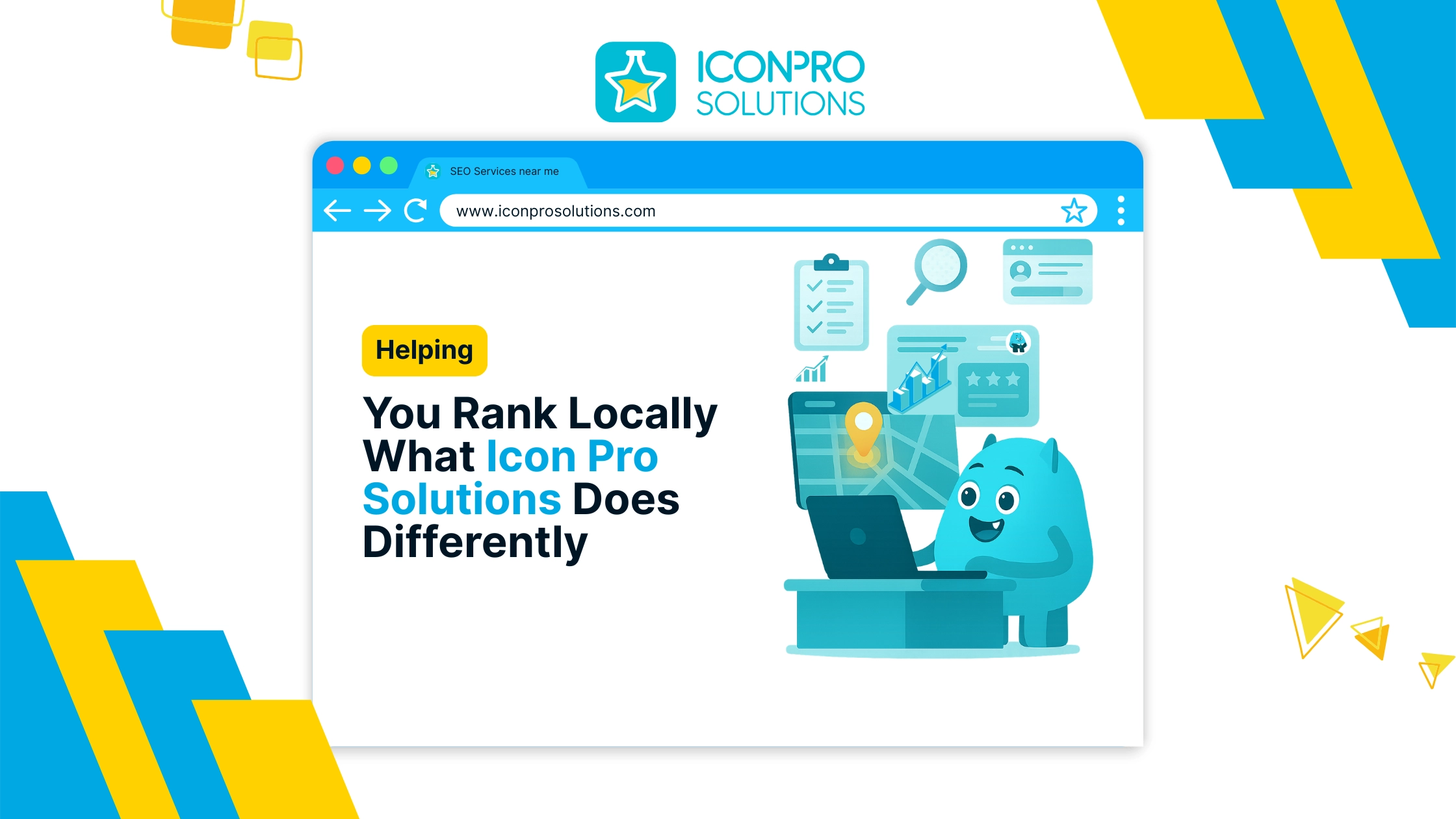 A website design image with a blue and yellow color scheme, featuring a cartoon character and a computer screen