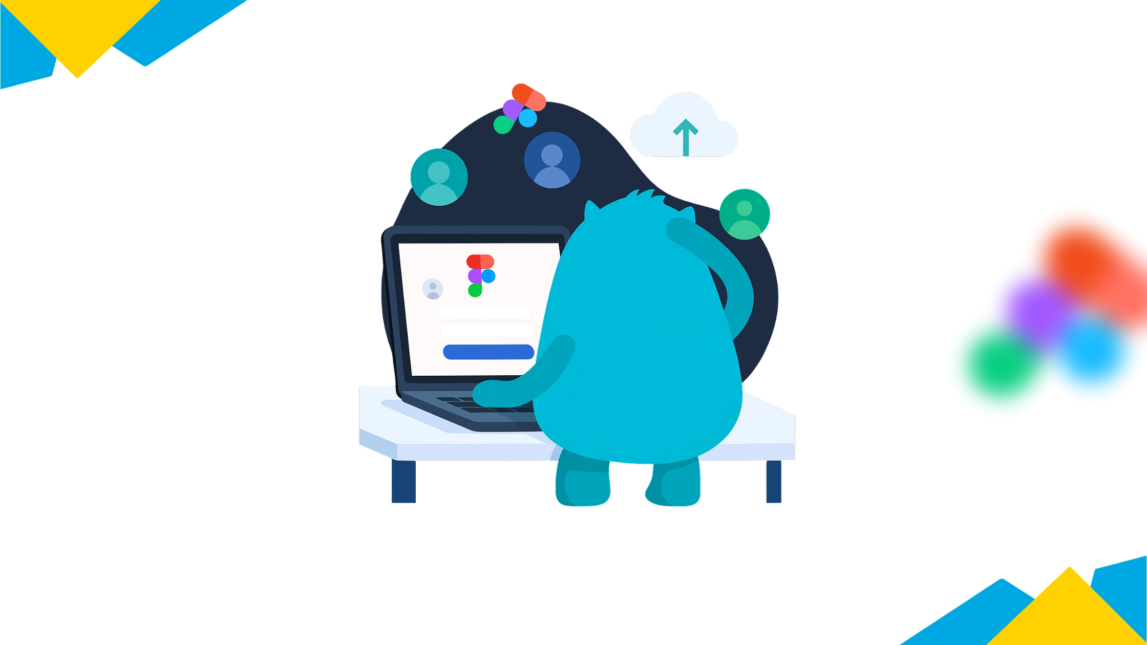 A cartoon character with a laptop and a cloud with a green arrow pointing up, symbolizing website design for corporate and