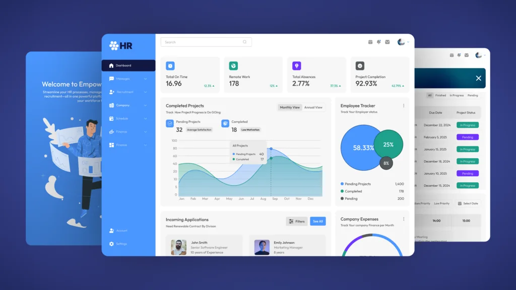 HR dashboard app screens with project charts, an employee tracker and incoming applications