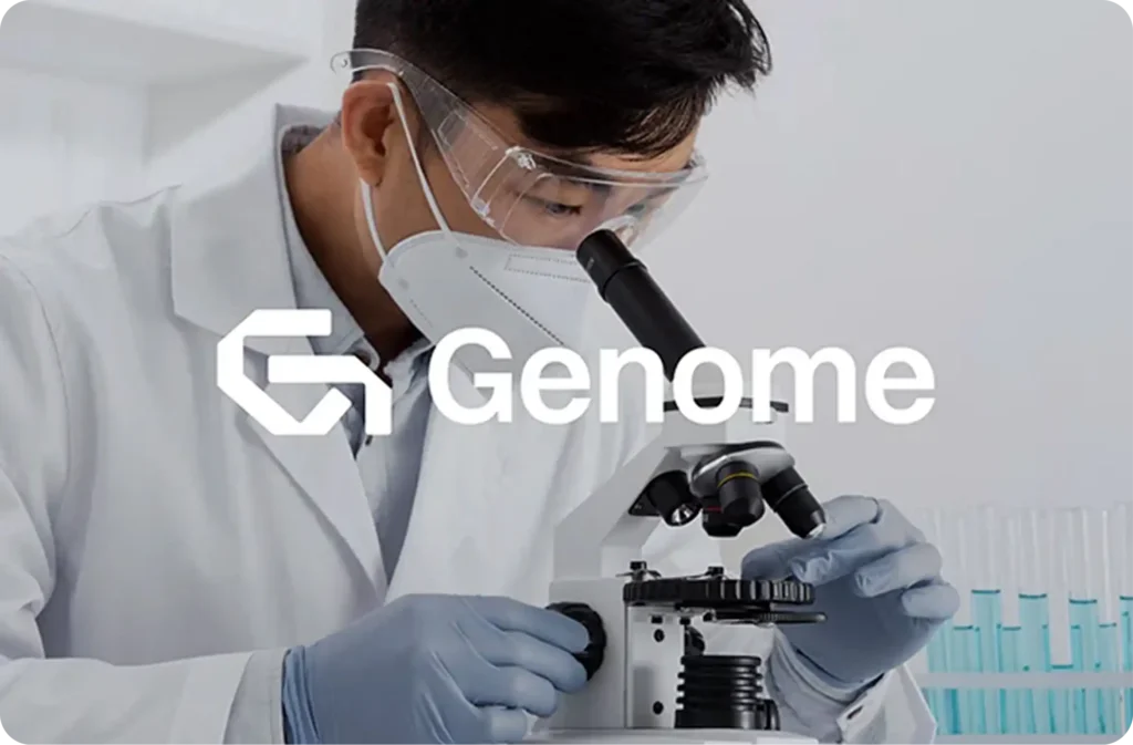 Genome brand identity shown over a laboratory photograph