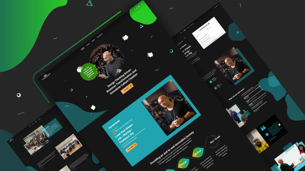 Innovation Skills website pages on a dark background with a man speaking and design thinking services