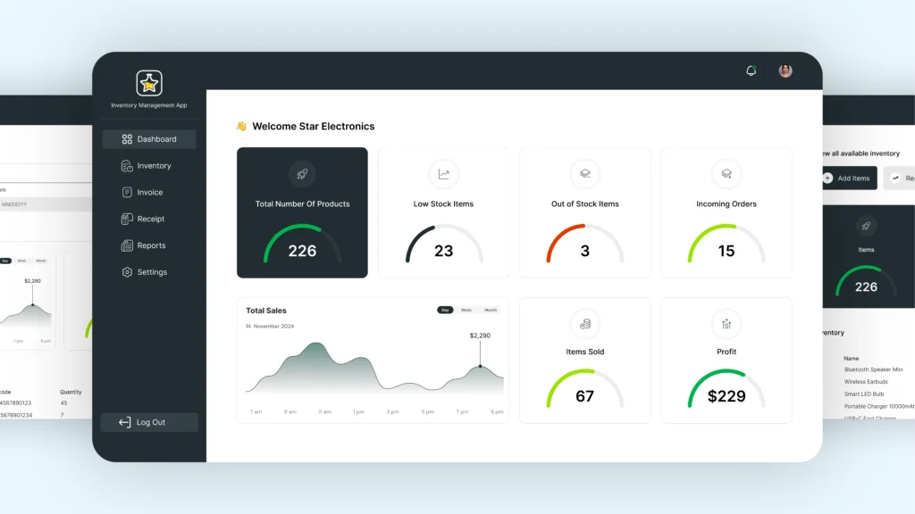Inventory management dashboard: product counts, low stock, out of stock, incoming orders and a sales chart
