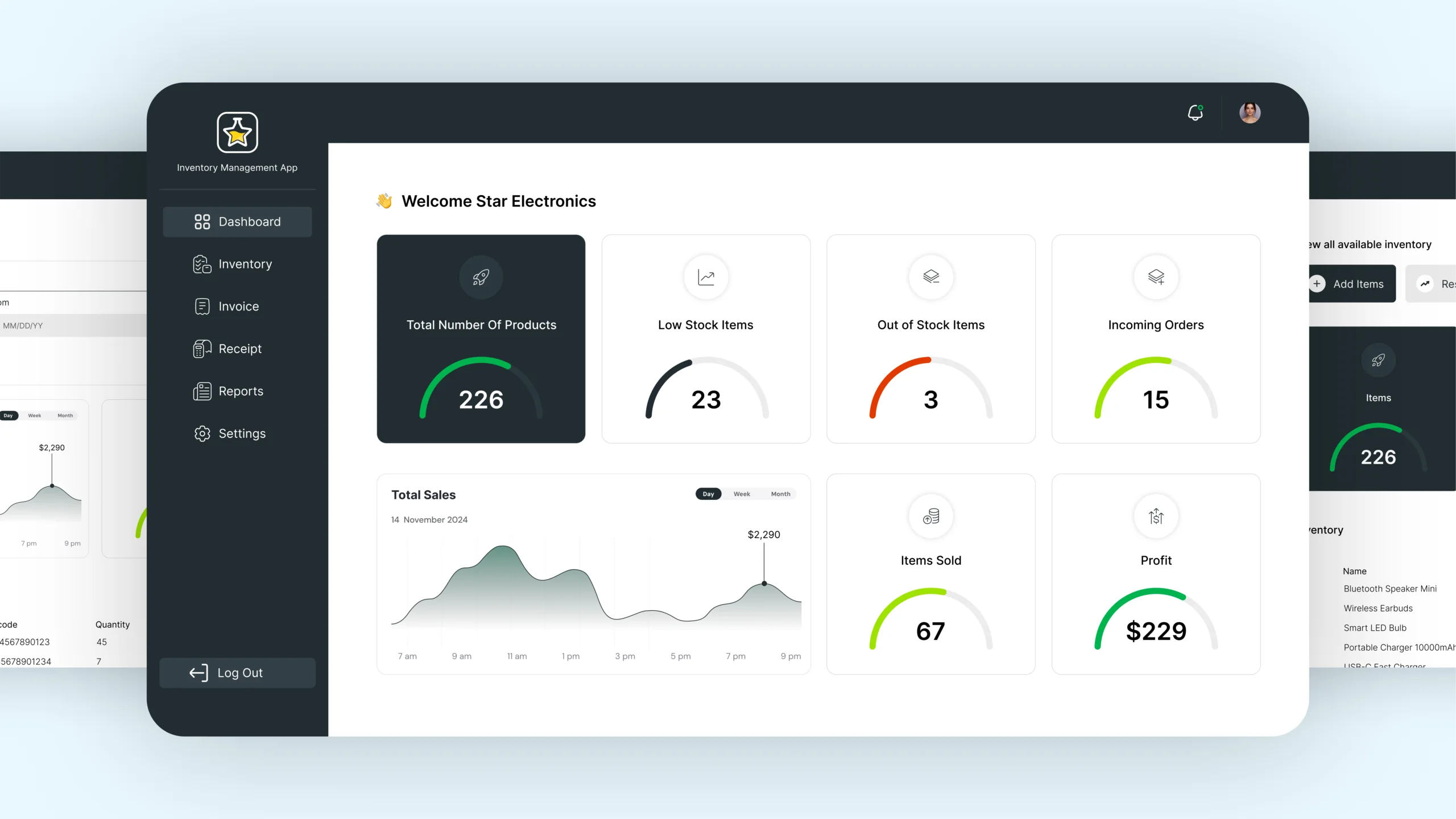 Inventory management dashboard: product counts, low stock, out of stock, incoming orders and a sales chart