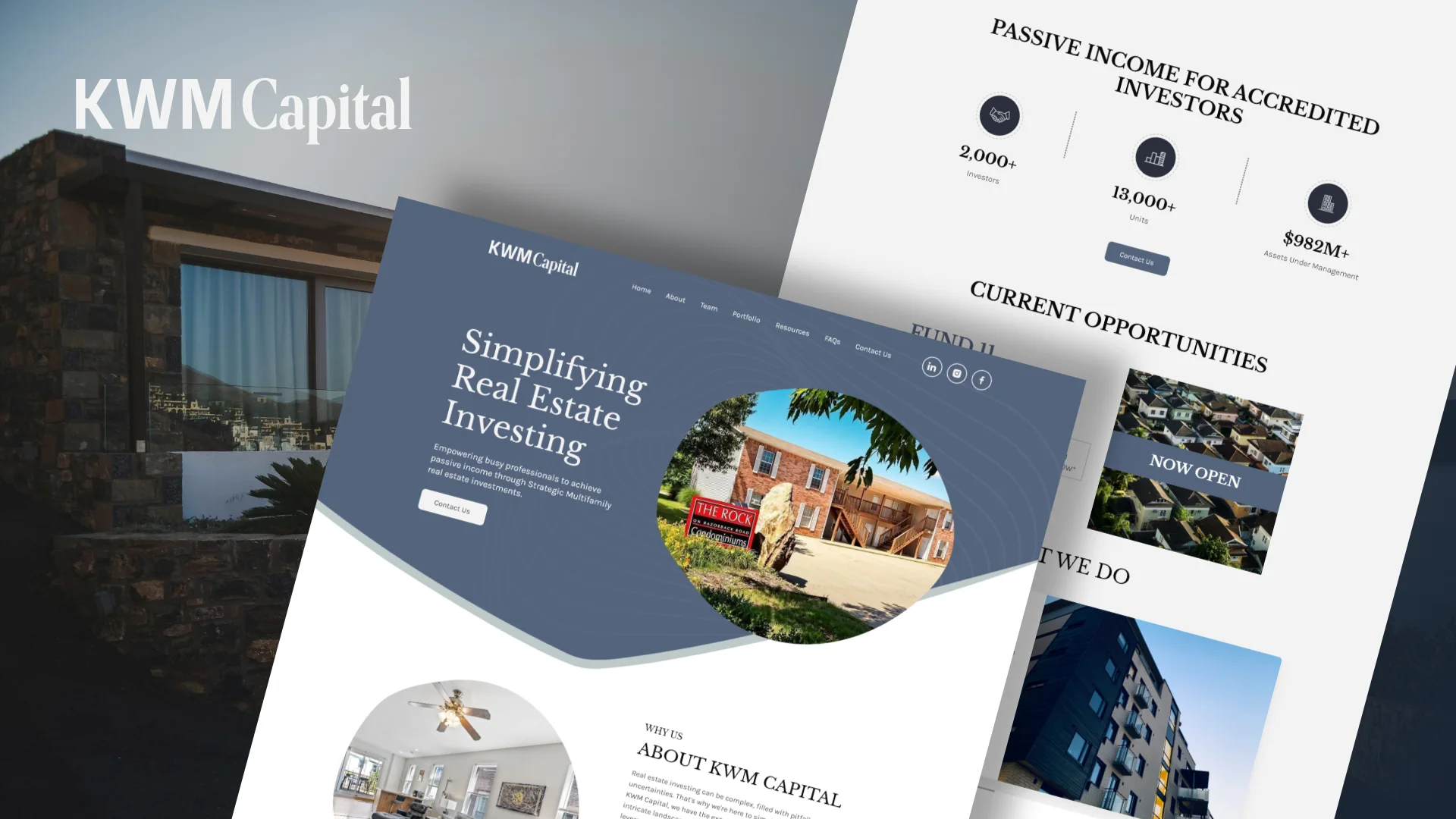 KWM Capital website pages: Simplifying Real Estate Investing, passive income for accredited investors