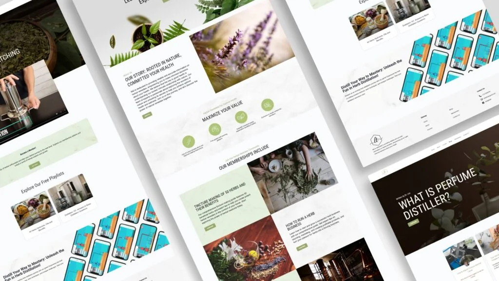 LeoTalks Herb website pages about herbs and natural health, with plant photos and a perfume distiller article