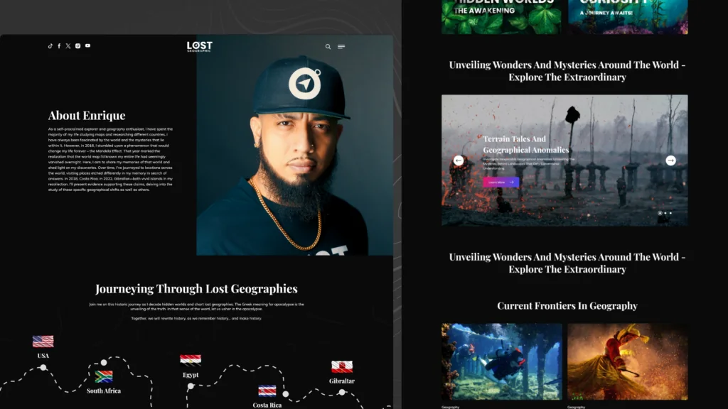 Lost Geographic website pages on a dark background: Journeying Through Lost Geographies, with an About page