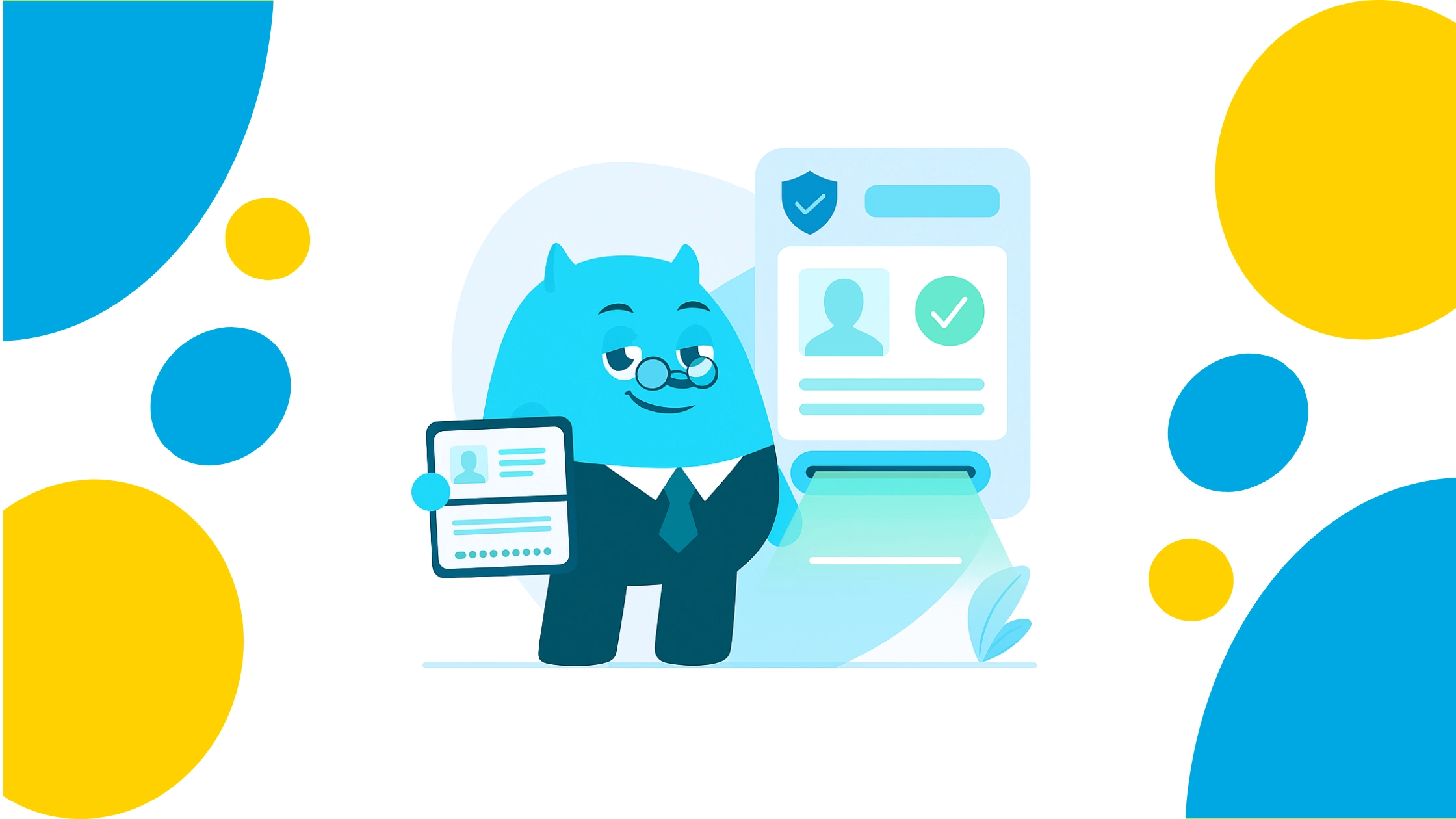 A cartoon character in a business suit holding a tablet with a website design on it