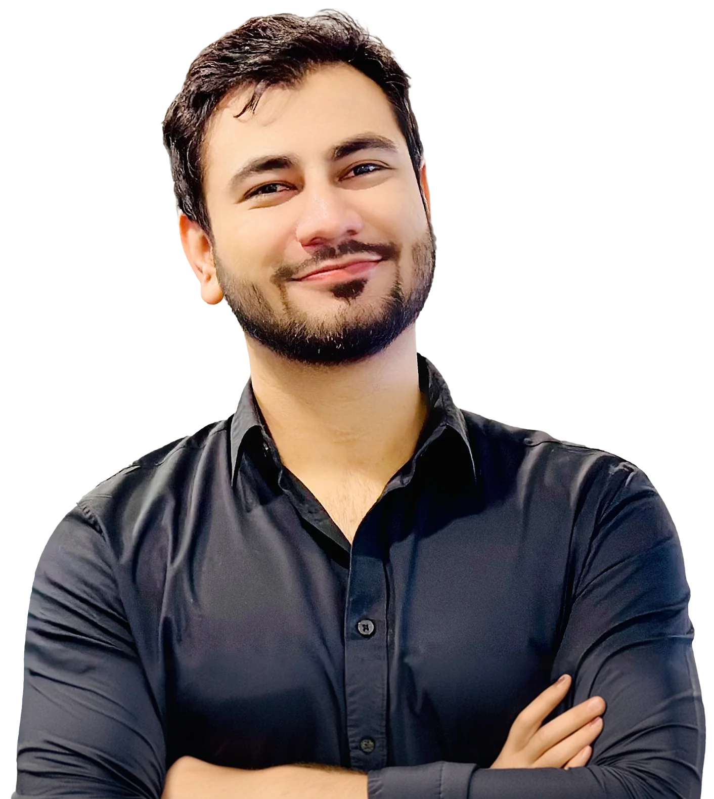meeting A man with dark hair and a beard, wearing a black button-up shirt, posing for a photo