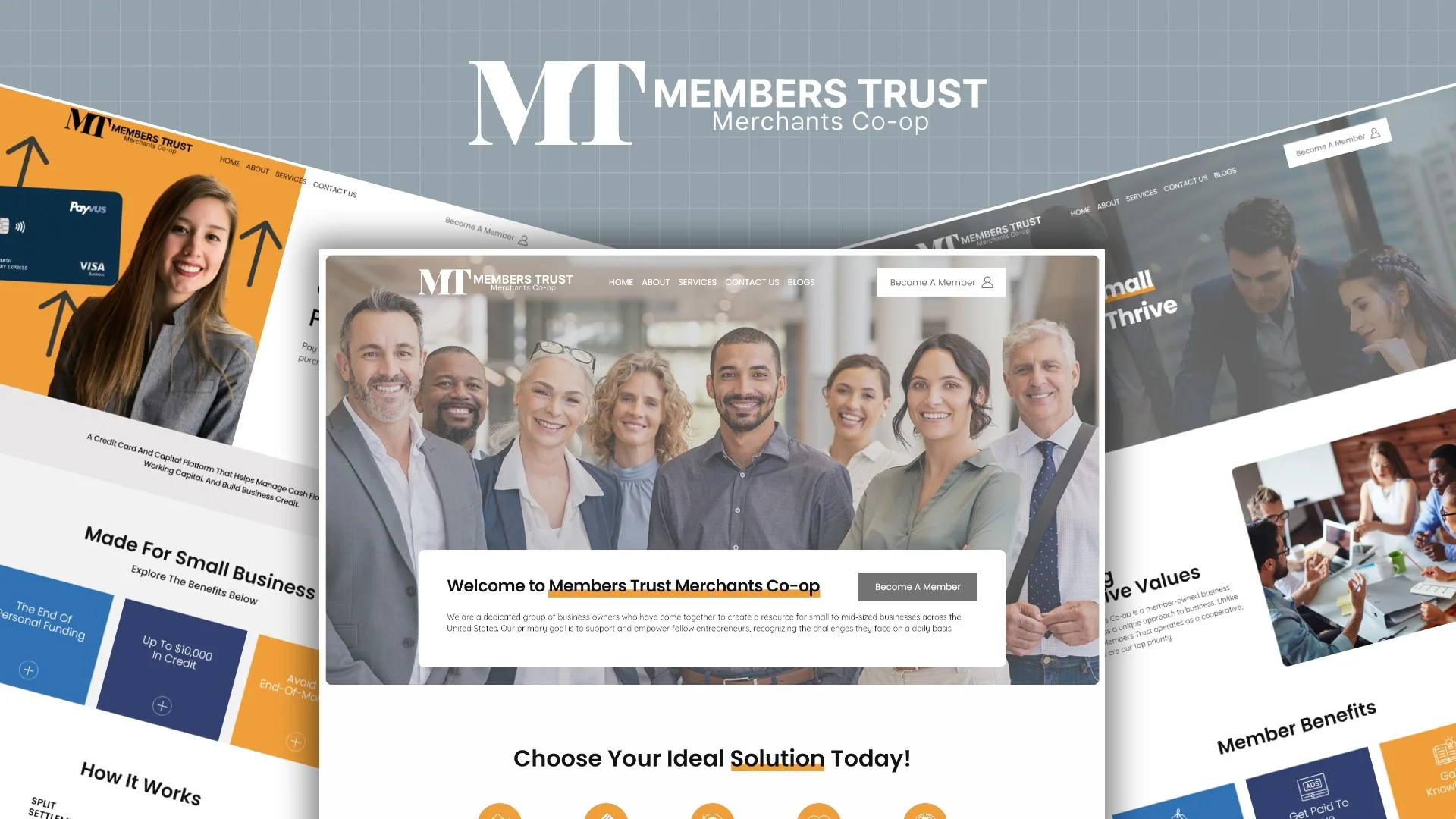 Members Trust Merchants Co-op website pages with a group of business people and member benefits