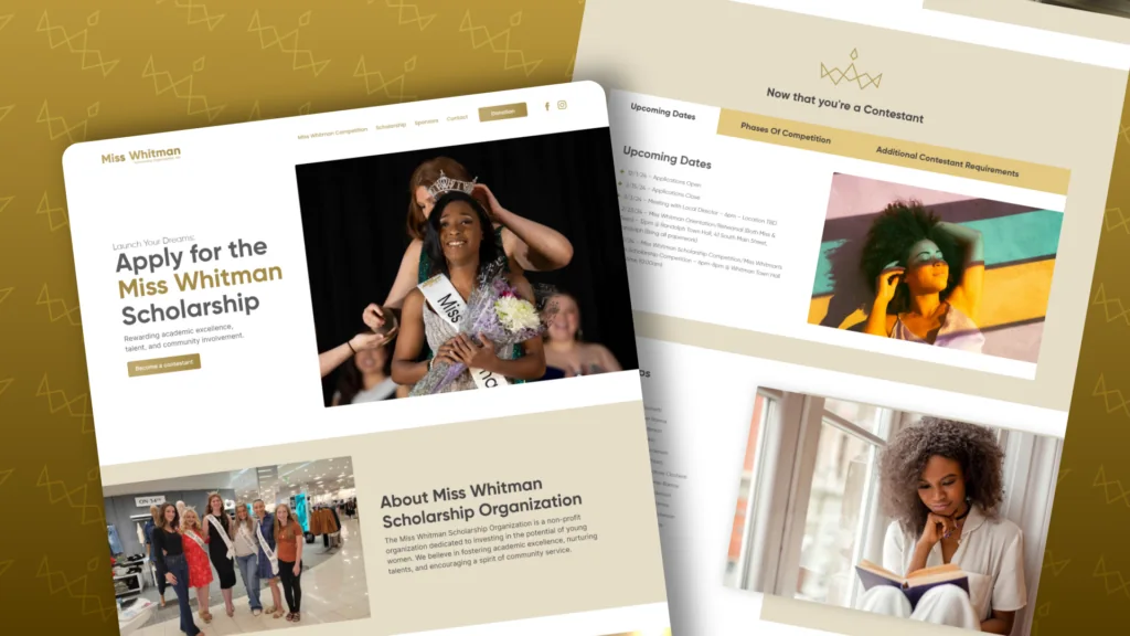 Miss Whitman Scholarship website pages: Apply for the Miss Whitman Scholarship, with a contestant being crowned