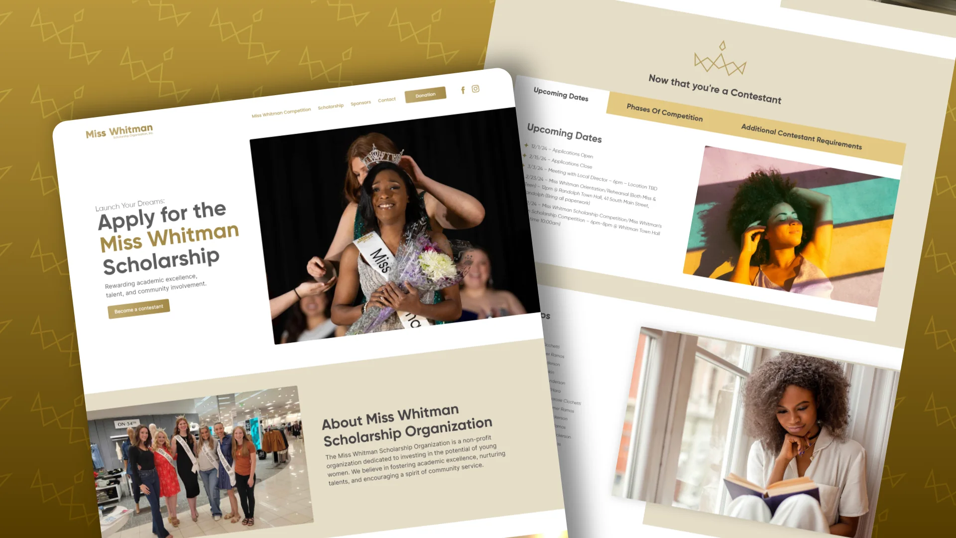 Miss Whitman Scholarship website pages: Apply for the Miss Whitman Scholarship, with a contestant being crowned