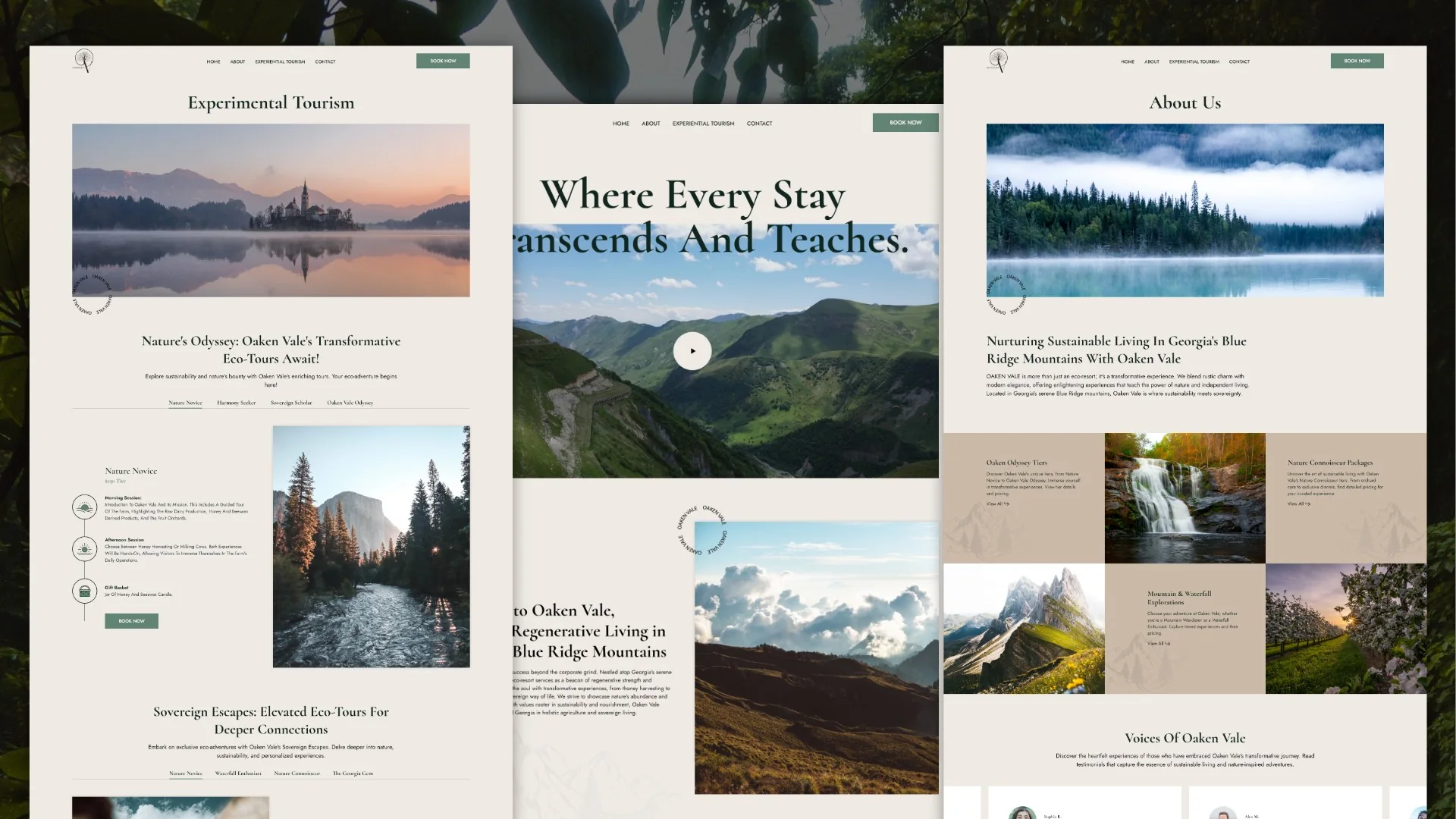 Oaken Vale eco tourism website pages: Where Every Stay Transcends And Teaches, with mountain and forest photos