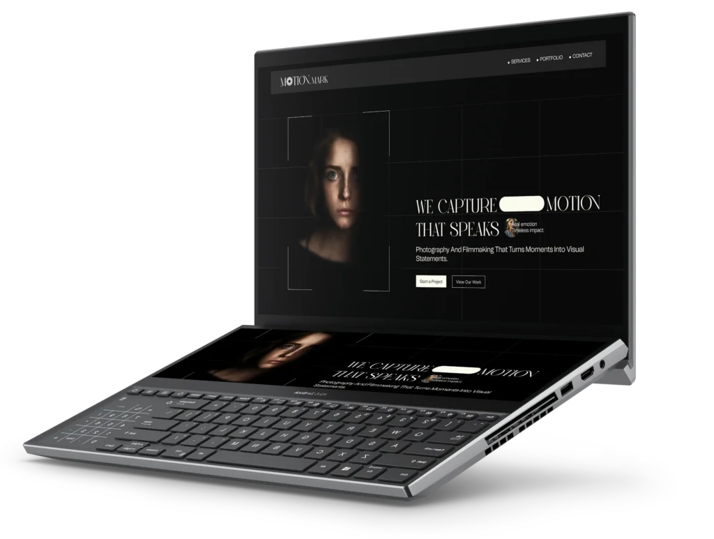 A laptop screen displaying a website for services, with a woman's face in the background