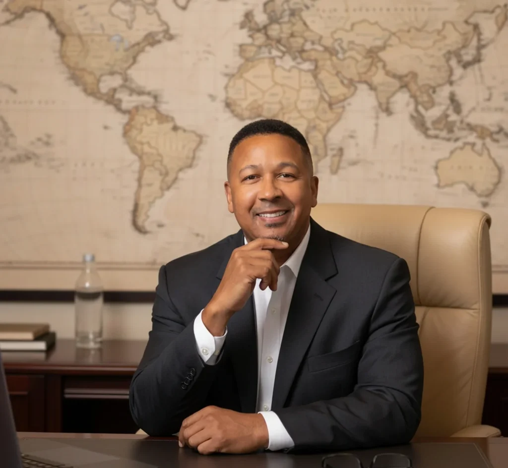 A smiling man in a dark suit seated at a desk in front of a world map