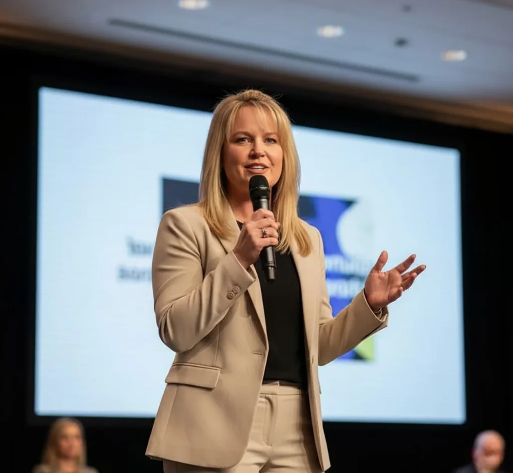 A woman in a beige blazer speaking into a microphone on stage in front of a large screen