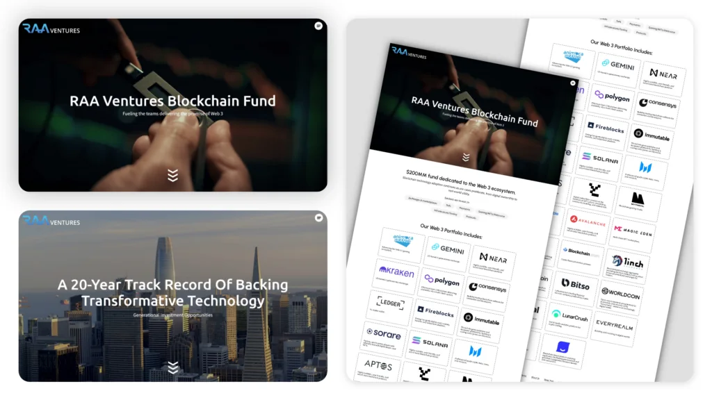 RAA Ventures Blockchain Fund website pages with a 20 year track record and Web3 portfolio logos
