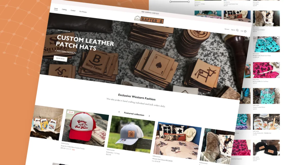 Rafter B Leather online store pages with the heading Custom Leather Patch Hats and product photos