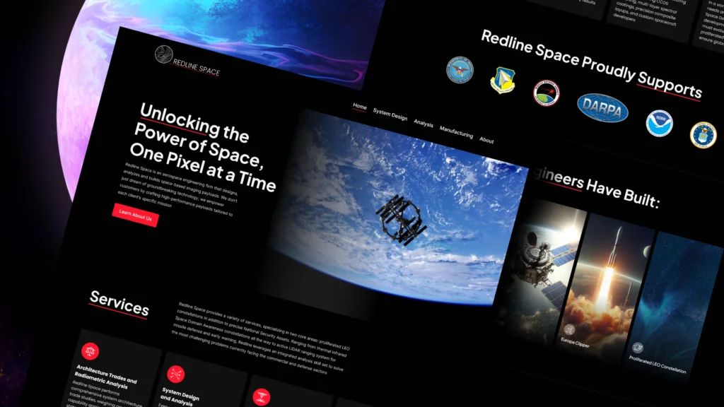 Redline Space website pages: Unlocking the Power of Space, One Pixel at a Time, with Earth and a satellite