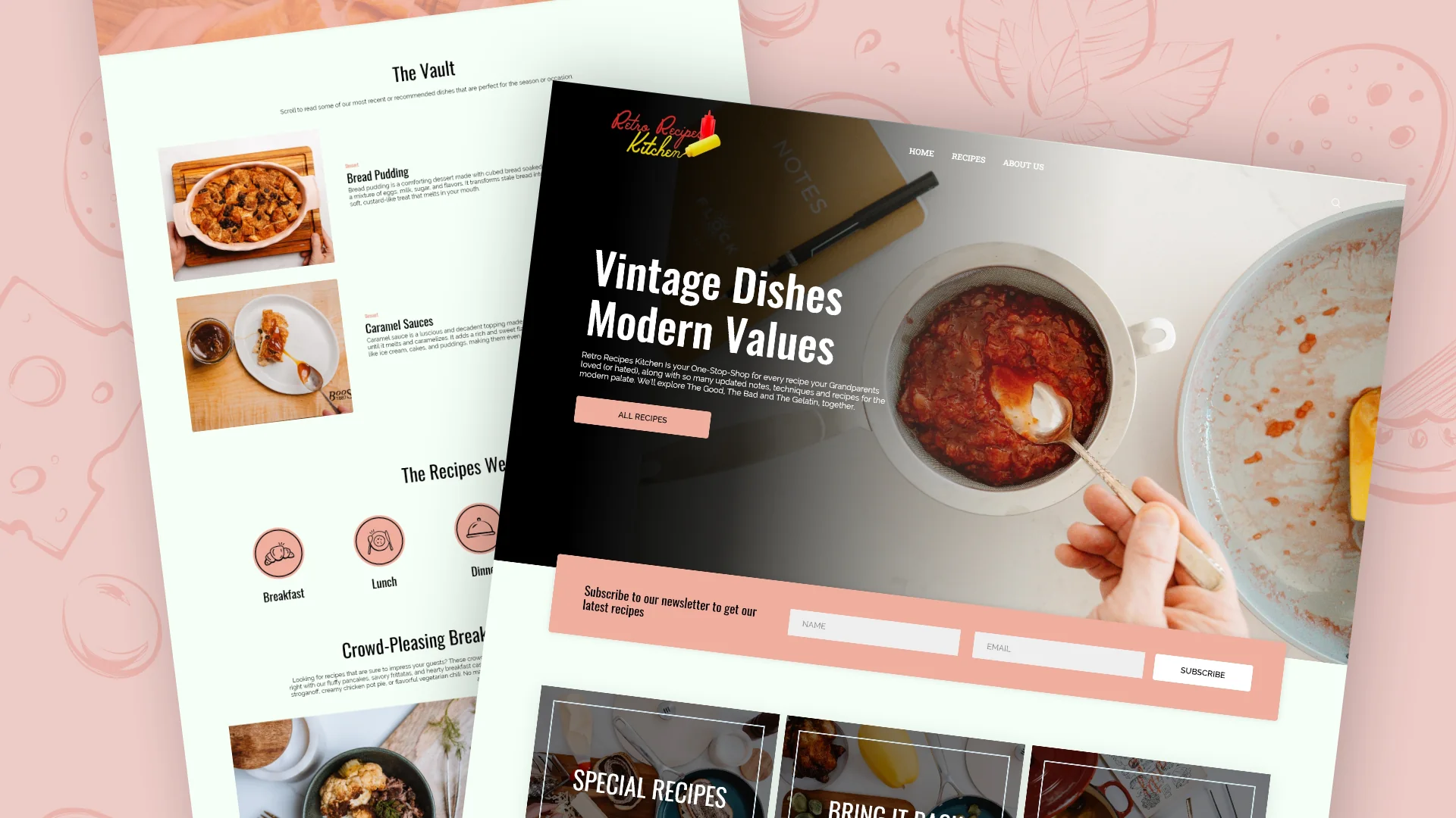 Retro Recipes Kitchen website pages: Vintage Dishes Modern Values, with a bowl of red sauce and recipe cards