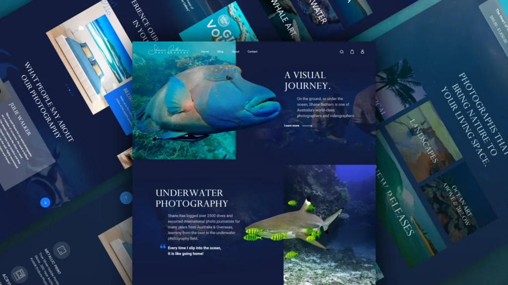 Shane Batham underwater photography website pages: A Visual Journey, with fish and shark photos